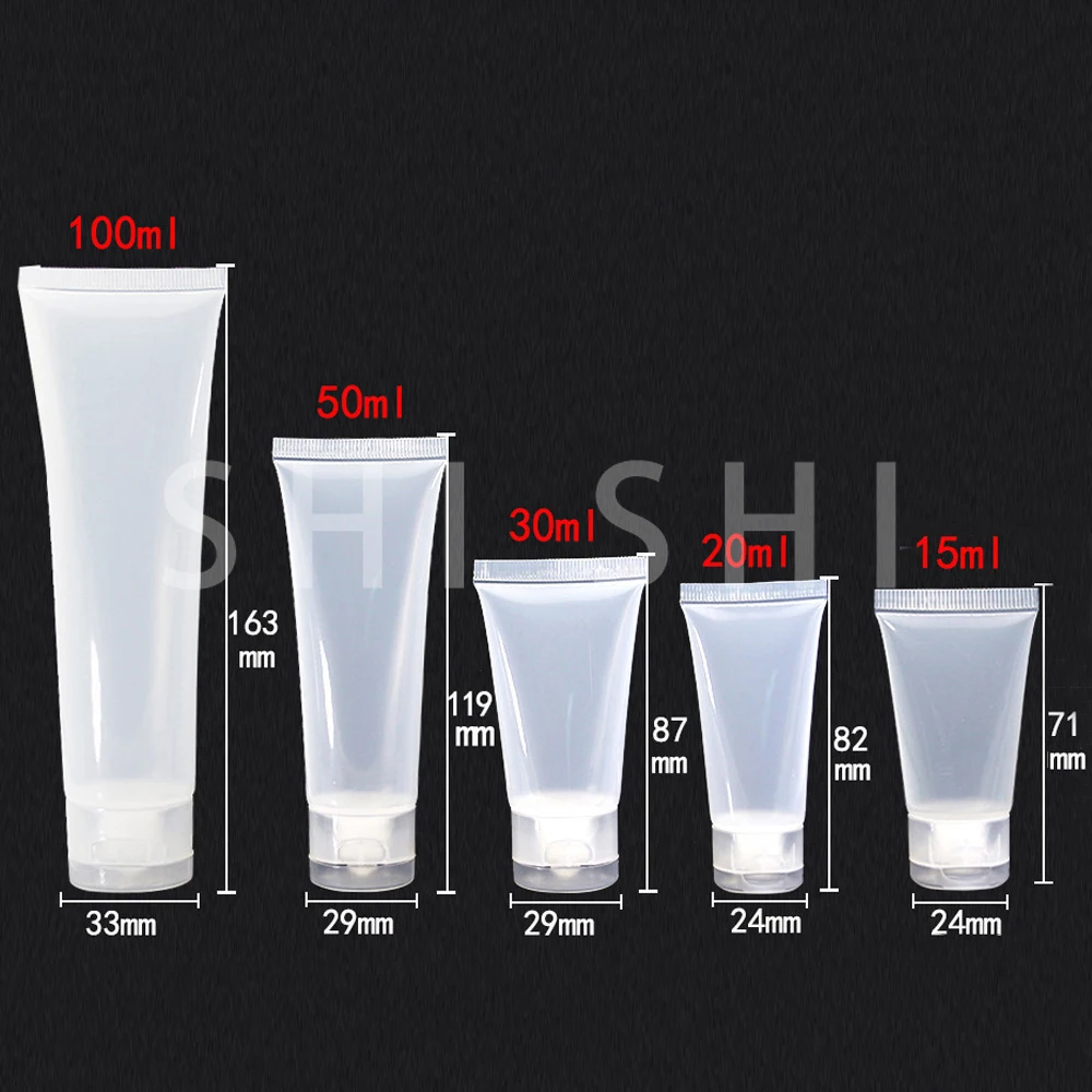 빈 플라스틱 스퀴즈 튜브, 반투명 화장품 용기, 리필 플라스틱 여행 병, 15ml, 20ml, 30ml, 50ml, 100ml, 10 개