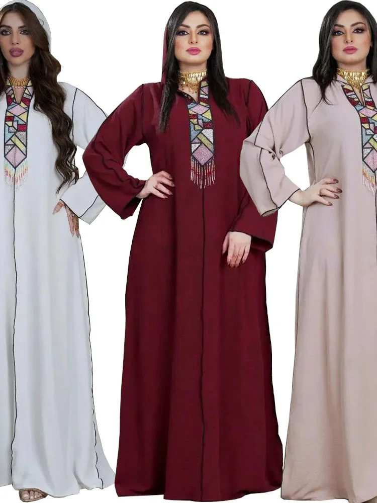

Abayas For Women Hooded Long Sleeve Maxi Dress Rhinestone Beaded Caftan Marocain Abaya Turkey Arabic Long Skirt Muslim Robe New