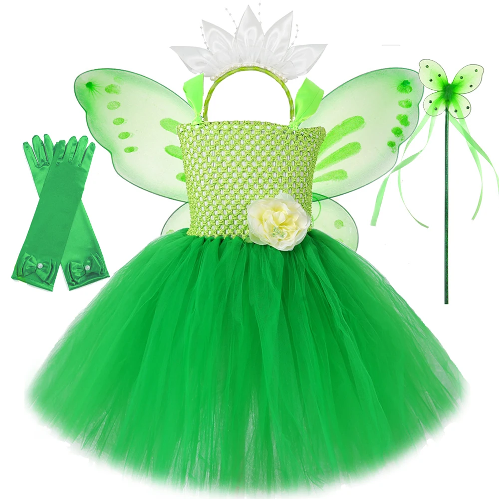 

Green Flower Fairy Costumes for Girls Christmas Frog Princess Tiana Dresses with Butterfly Wings Kids Halloween Birthday Outfits