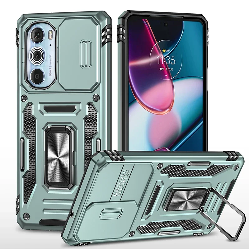 Armor Shockproof Phone Case with Sliding Window Lens Protection and Metal Ring Holder Back Cover