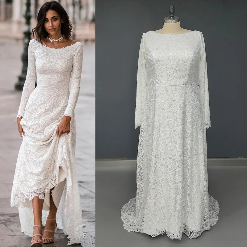 

10561#Bohemian Beach Boat Neck Beach A-Line Lace Ruched Sexy Backless Sweep Train Long Sleeves Long Wedding Dress Bridal Gown