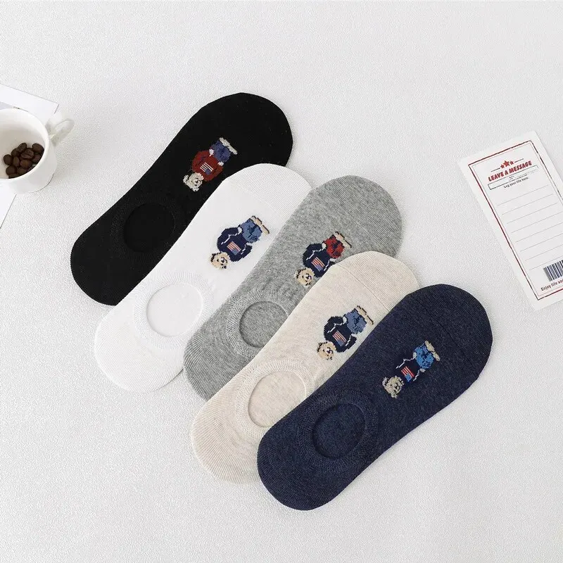 Bear Embroidered Cartoon Bear Boat Socks 5 Pairs Super Cute Bear Embroidered Cartoon Bear Boat Socks Soft Comfortable Sweat Wicking Versatile Short Socks