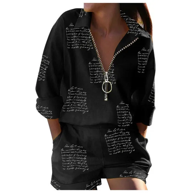 2024 Women's New Spring/Summer Fashion Set Long sleeved Printed Zipper Top Shorts Two piece Set  streetwear women YBF14-3