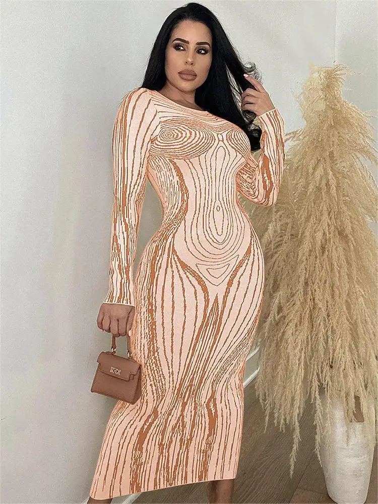 

Women Fashion 3d Print Long Dresses Elegant High Waist Long Sleeves Prom Dress 2023 Autumn Ladies Chic Party Vestidos