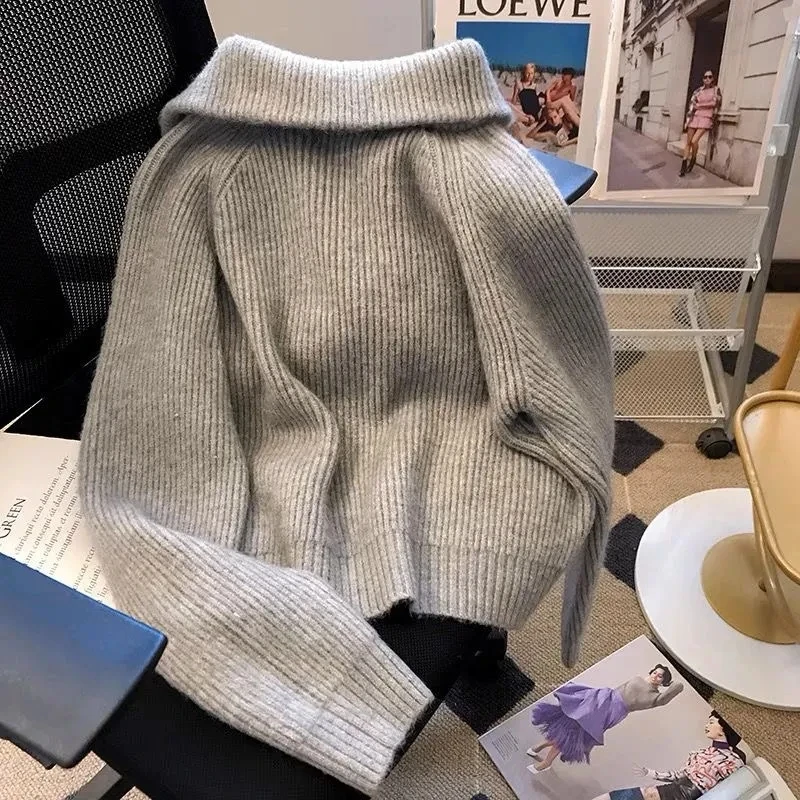 Autumn Winter 2024 Double Zipper Vintage Flip Collar Women Knitted Cardigan Sweater Jacket Student Korean Version Ladies Top 3