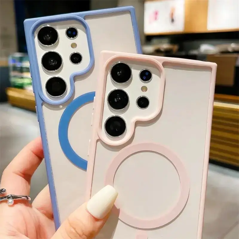 Frosted Frame Magnetic Magsafe Cases For Samsung GalaxyS25 S24 S23 S22 Ultra Wireless Charging Acrylic Bumper Cell Phone Cover