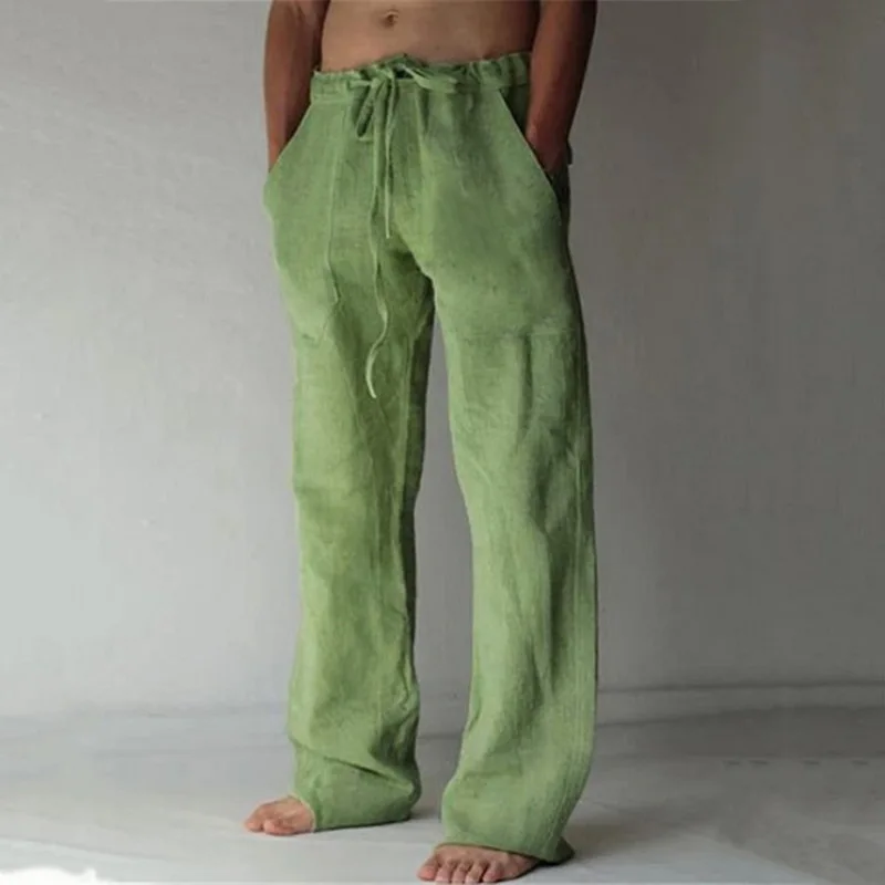 Men'S Summer Casual Pants Daily Wear Solid Full Length Soft Linen Pants Mid Waist Pocket Drawstring Trousers Streetwear_viptrois.com