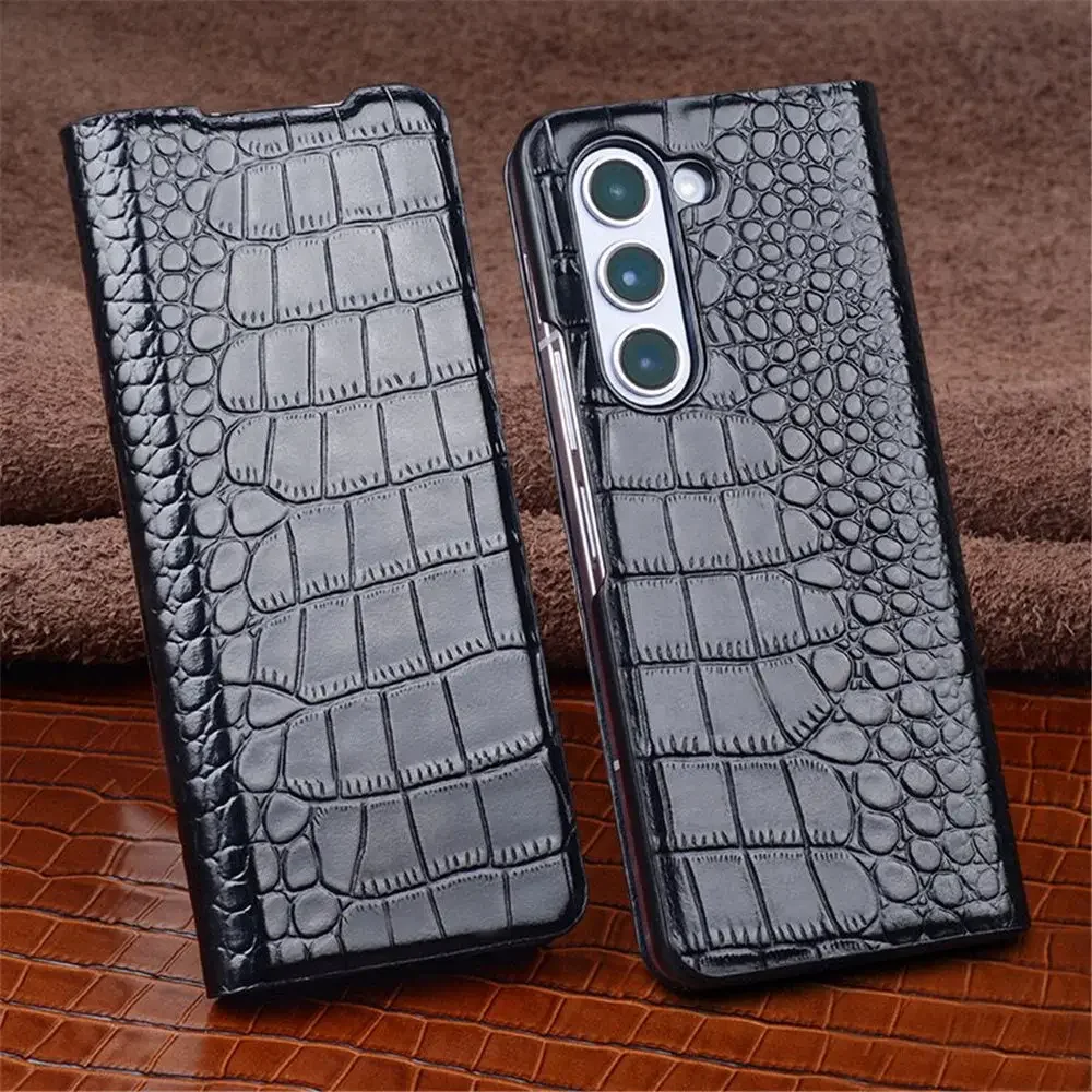 

Genuine Cowhide Leather Flip Case for Samsung Galaxy Z Fold5 Fold5 Magnetic Retro Business Grids Alligator Pattern Back Cover