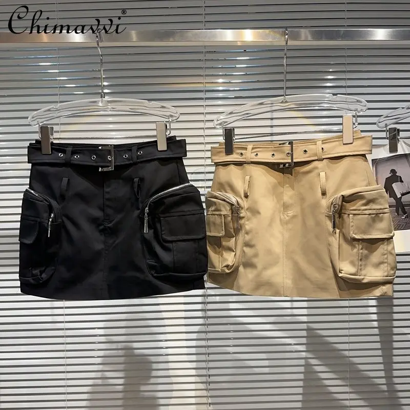 

New Women's Shirts 2023 Summer American Style Retro Workwear Pocket Design Mini Skirt Hot Girl Tooling Hip Short Skirt for Women