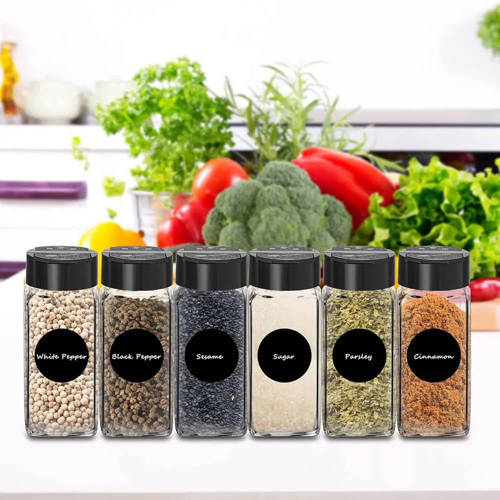 Glass Spice Jars with Labels,4oz Spices Containers Spice Jars with Black Shaker Lids,Empty Containers for Spice, Silicone Funnel 5