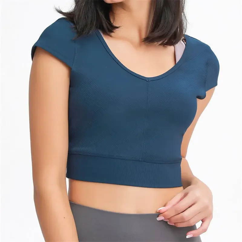 Nepoagym Women Workout Crop Tops Criss Cross Strappy Back Short Sleeve Ribbon Fabric Sports Top