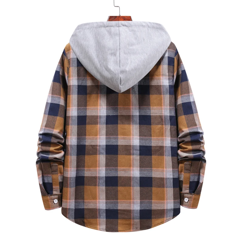 Mens Plaid Hooded Checked Flannel Shirt Casual Loose Long Sleeve Blouse Tops Men Chemise Homme Social Shirt Jacket Clothes