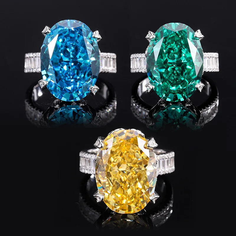 

Sparkling Champagne Yellow Green Blue Pigeon Egg High Carbon Diamond Gemstone Ring For Women 925 Sterling Silver Vintage Jewelry