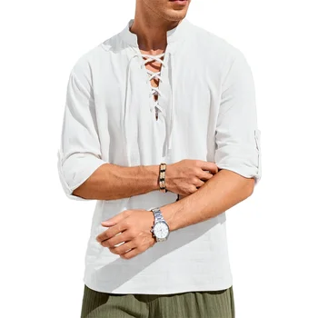 Men's Vintage V-neck T-shirt Pirate Medieval Viking Gothic Tops Cotton Linen Cozy Shirt Long Sleeved Cospaly Halloween Party Top
