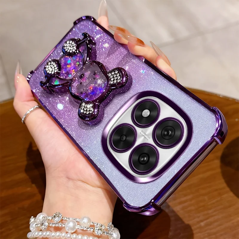 Luxury Glitter Bear Holder Case with Shockproof Bracket Stand and Plating Finish
