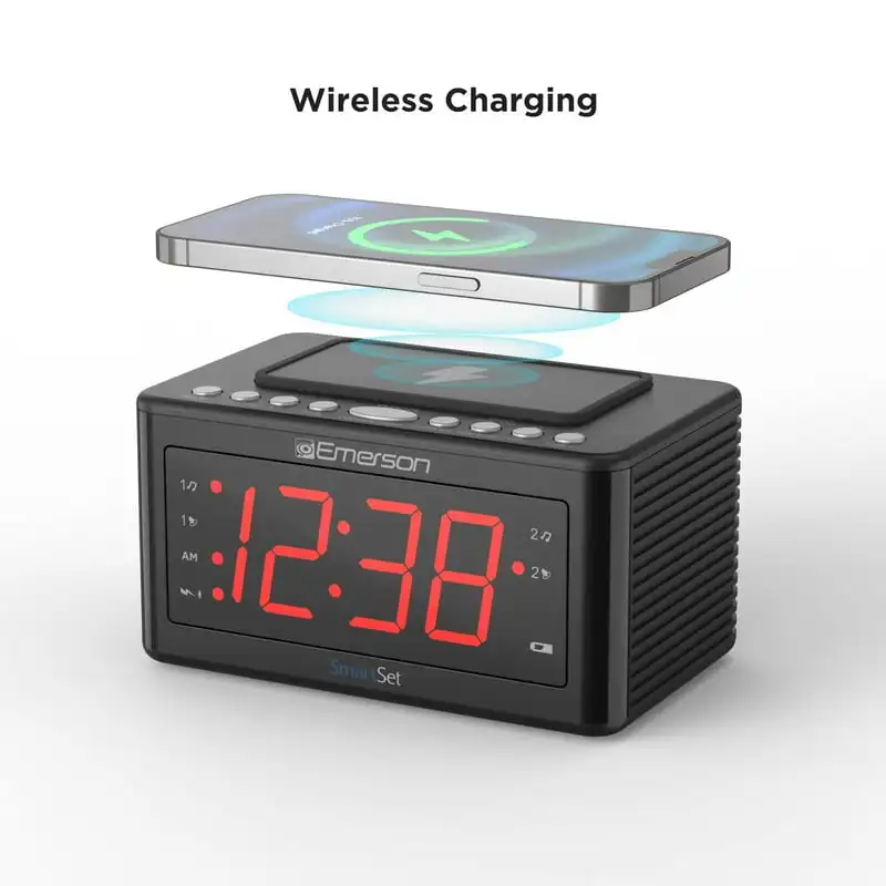 

SmartSet Wireless Charging Alarm Clock Radio, 1.4” Red LED Display and Temperature Sensor, CKSW0555