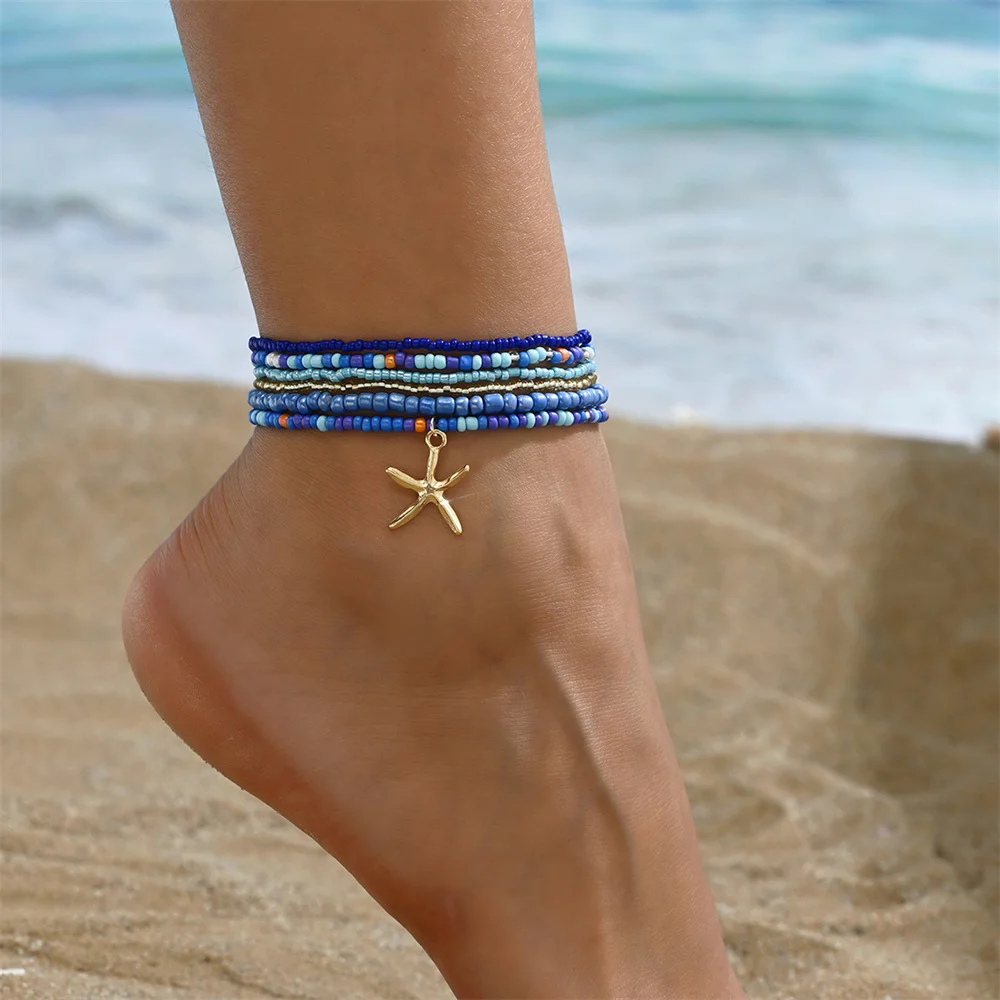 Rainbow Glass Beads Big Starfish Pendant Anklets For Women Gold Color Foot Chain Beach Jewelry Ankle Bracelet Summer Accessories