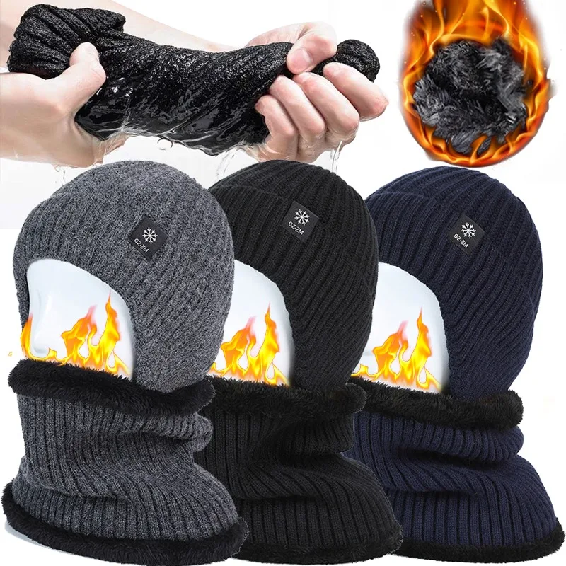 Winter Wool Knitted Bomber Hats Earmuffs Integrated Plush Thick Hat Elder Warm Cold-proof Woolen Neckerchief Two-piece Set,winter hat,knitted hat
