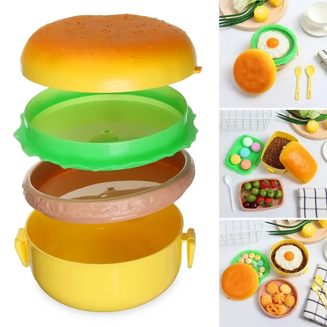 Boîte à déjeuner à Hamburger à Double niveau, boîte à Bento mignonne pour hamburger, micro-ondes, repas scolaire pour enfants, récipient alimentaire, fourchette, ensemble de vaisselle, cadeaux 5