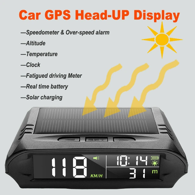 Solar HUD GPS Car Head Up Display Wireless Speedometer Display Speed  Satellite Time Date Auto Adjust Screen Brightness Car Clock