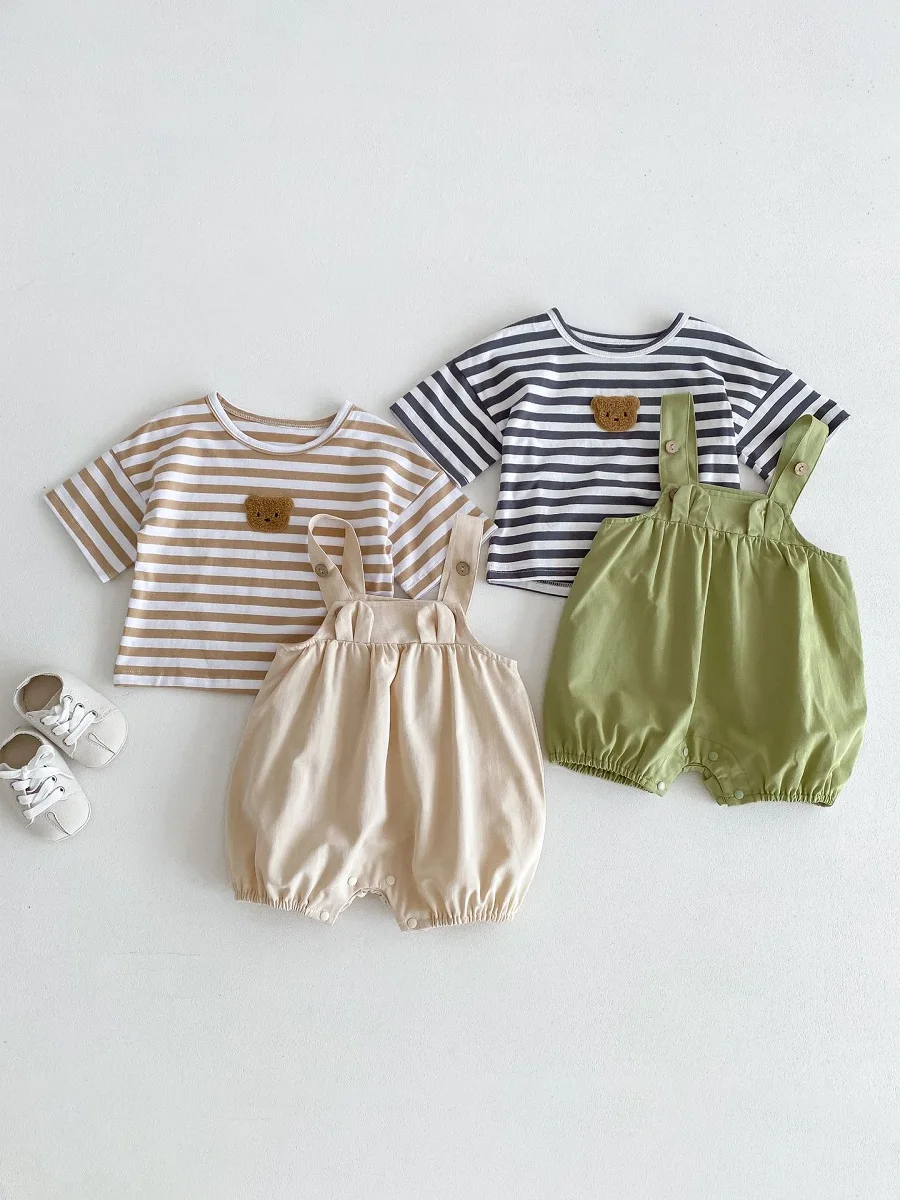 

INS Summer Baby Romper 0-3Years Cute Newborn Boy Girl Solid Color Loose Jumpsuit Suspender Pant Striped T-shirt Outfits Clothes