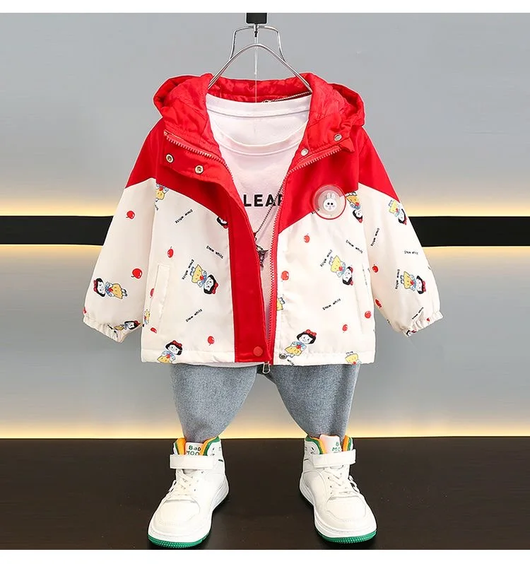 New Fashion Autumn Girl Cute Printed Jacket Toddler with Hooded Winter Warm Windproof Pink Coat Casual Clothing 3 to 8 year