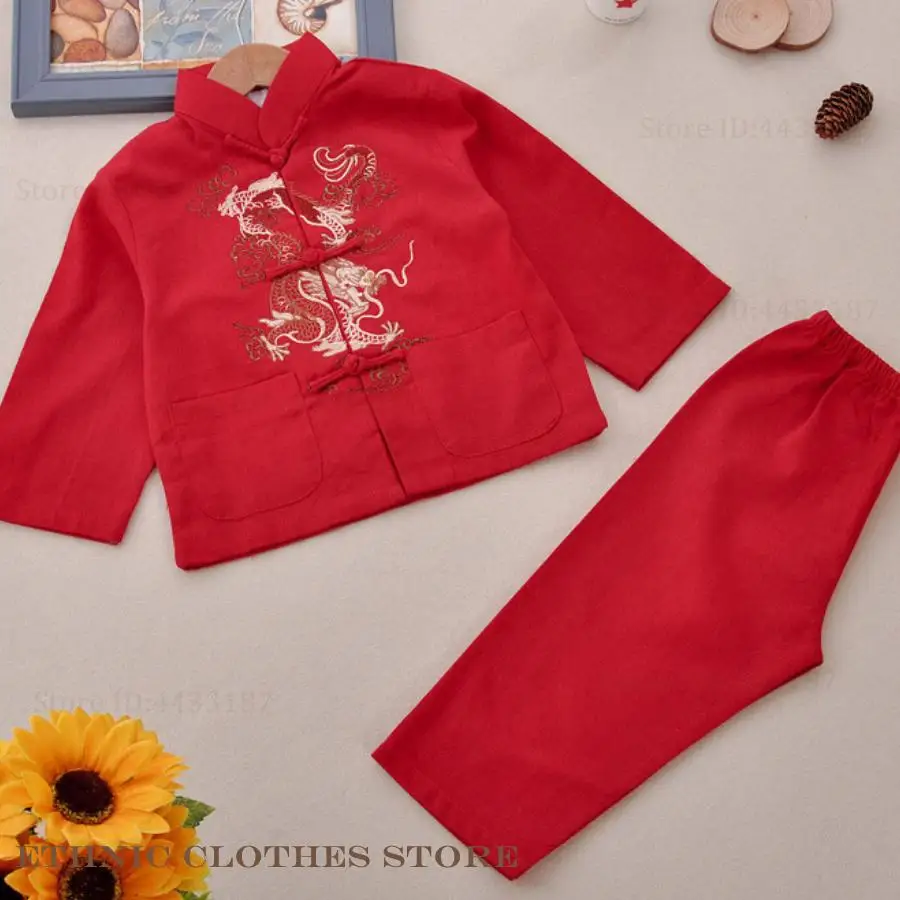 Cotton Linen Children Boy Tang Suit Vintage Embroidery Dragon Kong Fu Clothing Chinese Mandarin Collar Casual 2Pcs Shirt&Pants