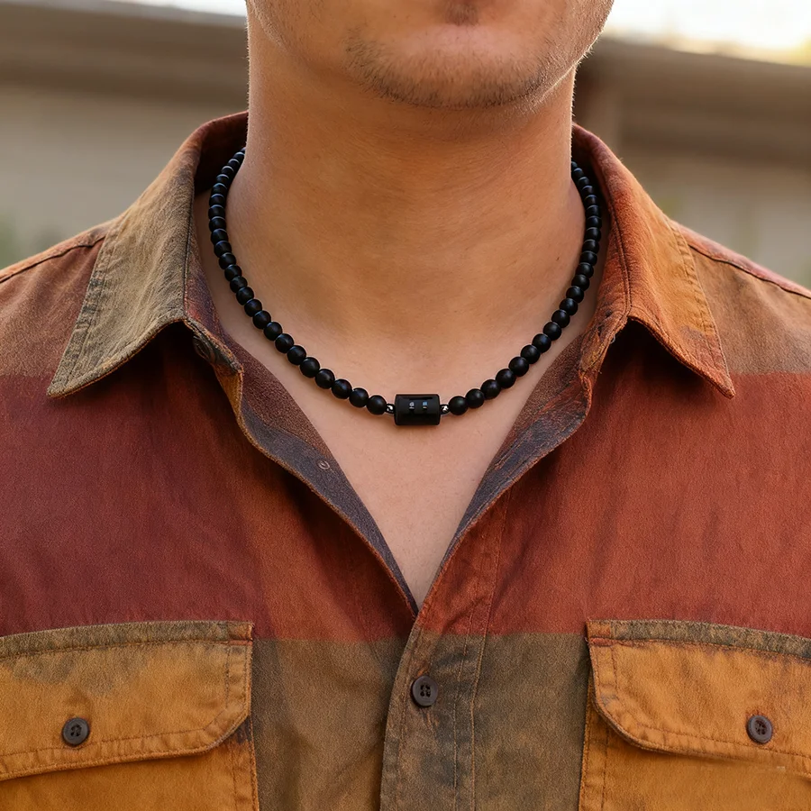 Black Onyx Stone Men Necklace Stainless Steel Buckle