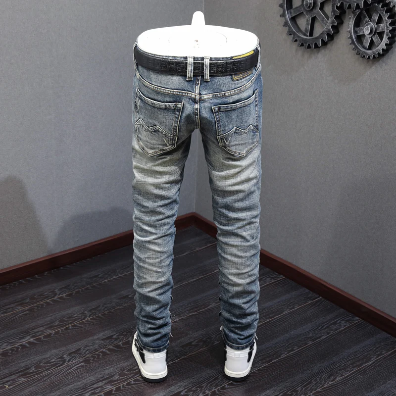 Fashion Designer Men Jeans High Quality Retro Blue Elastic Slim Patched Ripped Jeans Men Embroidery Vintage Denim Pants Hombre