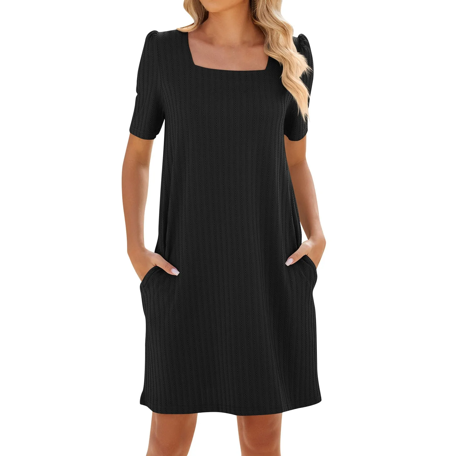 

Women Casual Fashion Solid Color Square Neck Short Sleeve Shirt Dress Women Dresses Summer Casual