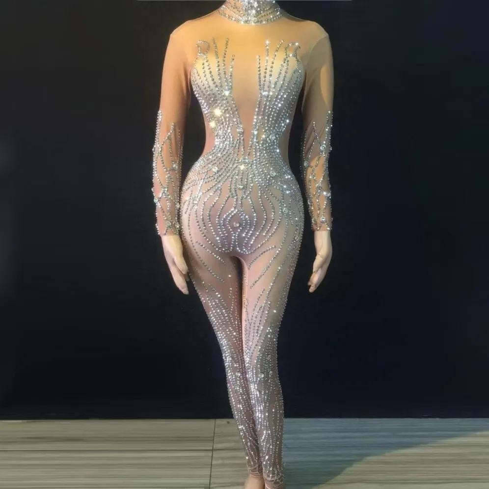 

Sparkly Diamonds Rhinestones Nude Sexy Jumpsuit Nightclub Bar Performance Costume Female Singer Rompers Dancer Stage Wear