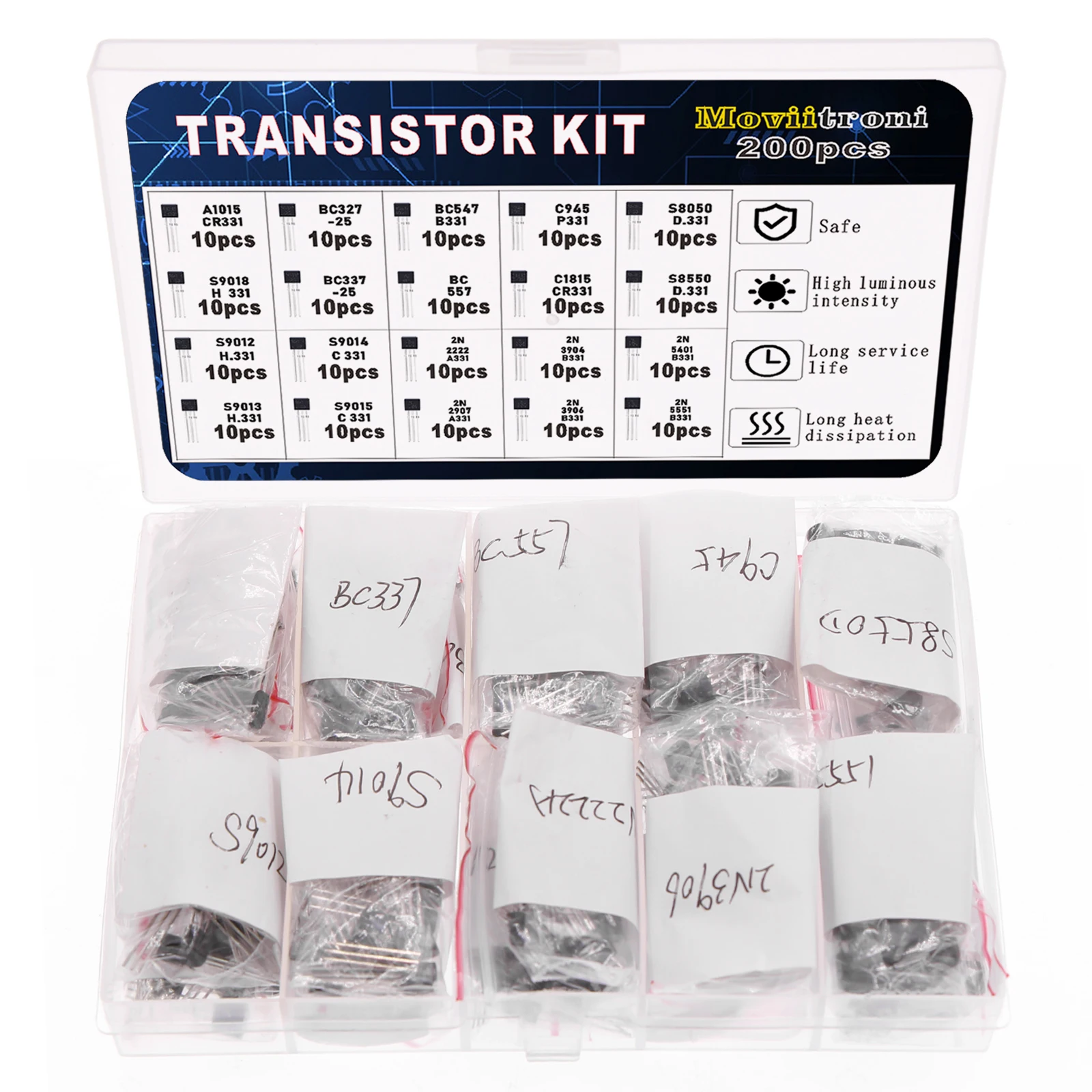 BJT Transistor Kit 200pcs Bipolar Power Transistors A1015 BC327 BC337 C1815 S8050 S8850 2N2222 2N2907 2N3904 2N3906 PNP NPN bjt transistor