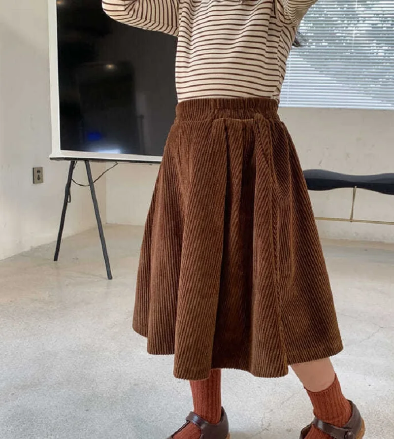 【PORTERNA】Bebe Corduroy Long Skirt Elastic Waist Casual Corduroy Maxi Skirt, Brown Corduroy
