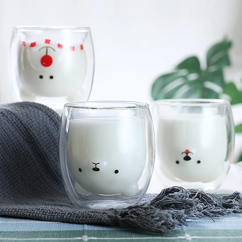 Double Glass Cup Bear Cat Dog Animal Coffee Mug Transparent Cartoon Milk Juice Tea Drinking Cups Drinkware Party Wine Glasses glass drinkware