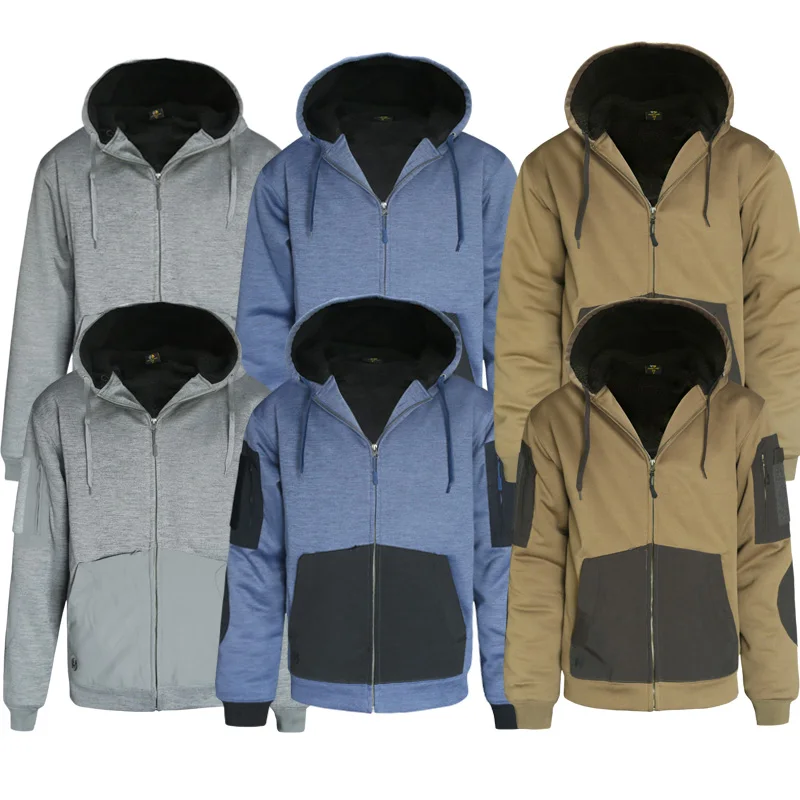 Men's Autumn And Winter Hooded Plush Thickened Sweater Cardigan Sweater Contrast Large Jacket Tactical Vest Outdoor Camping