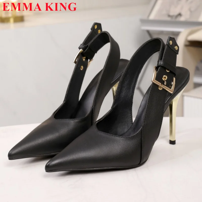 

New Fashion Pointed Toe Slingback Pumps Women Genuine Leather High Heels Back Strap Sandals Party Dress Pumps Women Shoes 2024