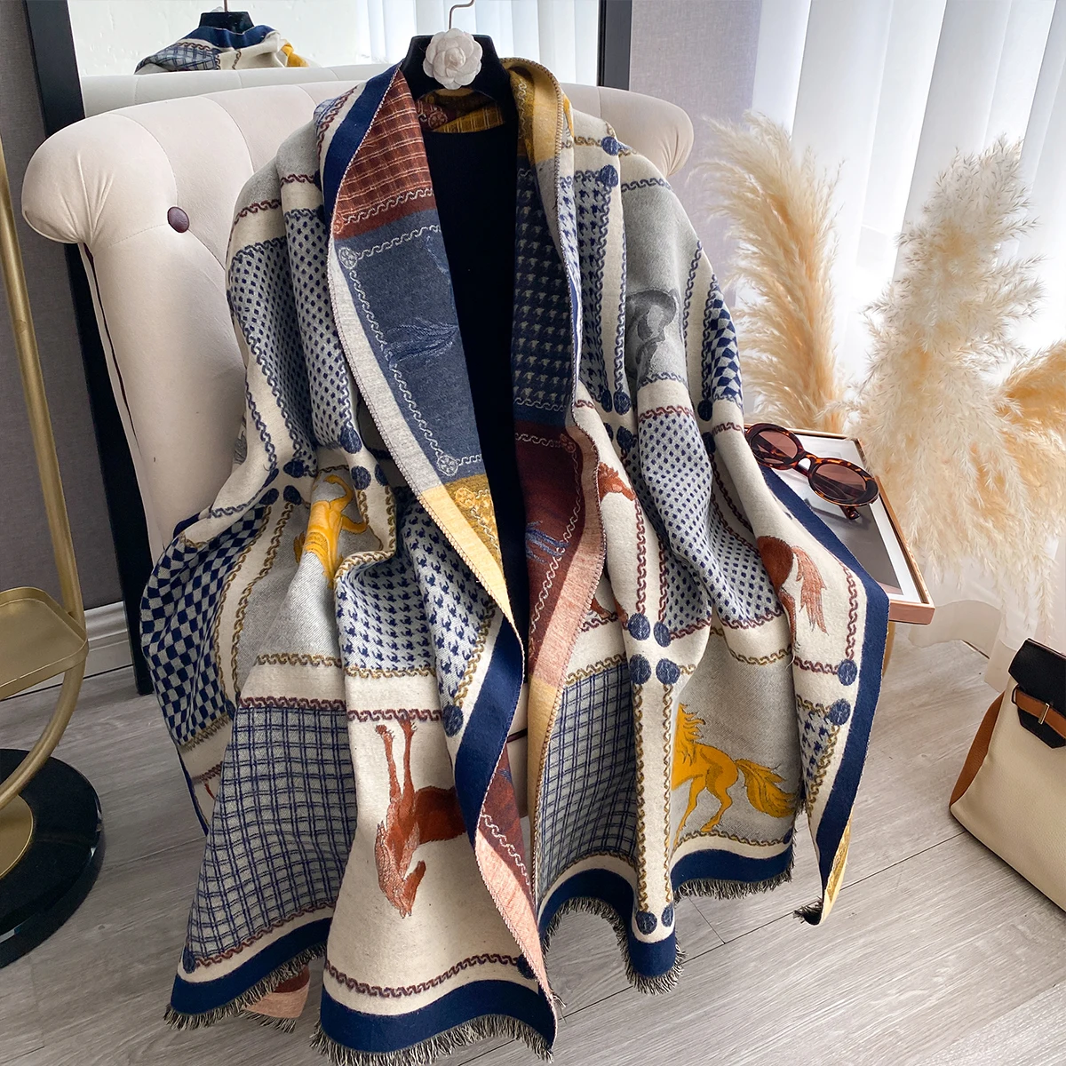 New Luxury Brand Two-Sided Jacquard Scarf Cashmere Soft Warm Fringe Pashmina The Horse Shawl Winter Coldproof Windproof Blanket