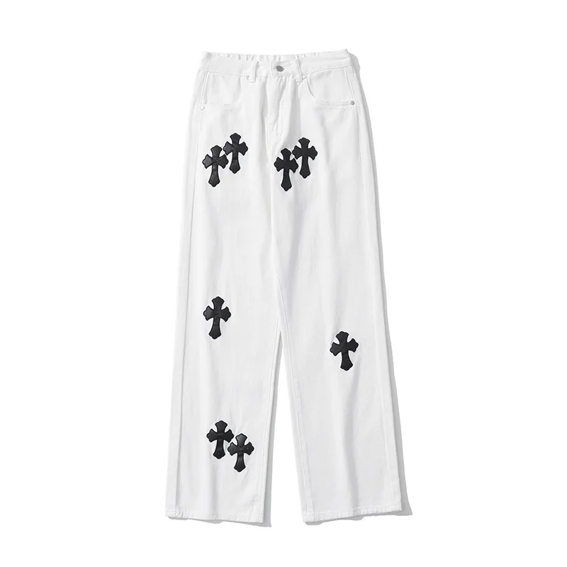 

High Street Cross White Jeans Men's ins American Loose Straight Hip Hop Long Pants