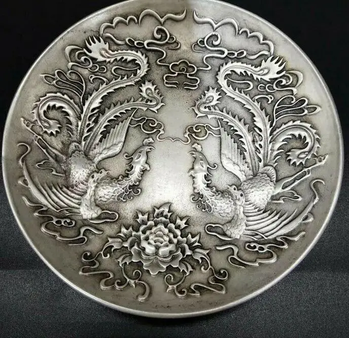 

Old Chinese tibet silver handcarved double phoenix pattern plate