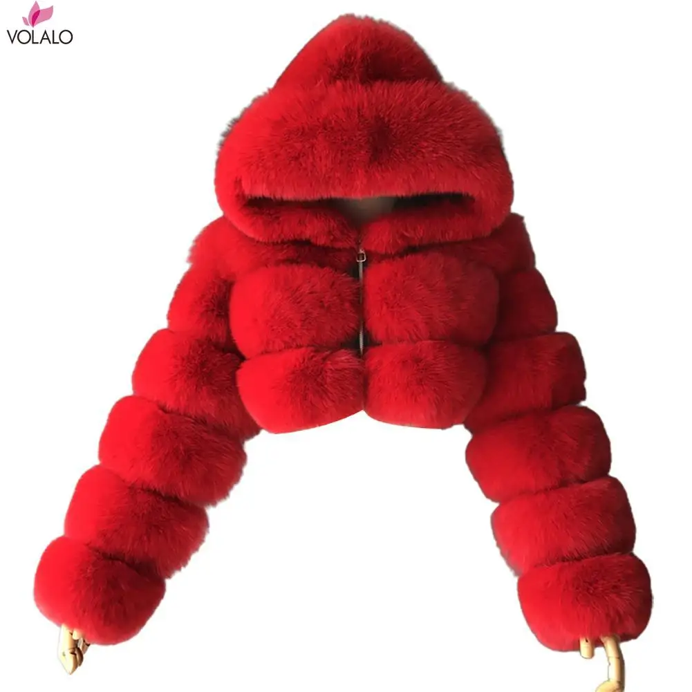 

VOLALO S-6XL Women Jacket 2024 Fashion Autumn Winter Faux Fur Cropped Coat Fluffy Zip Hooded Warm Short Jacket