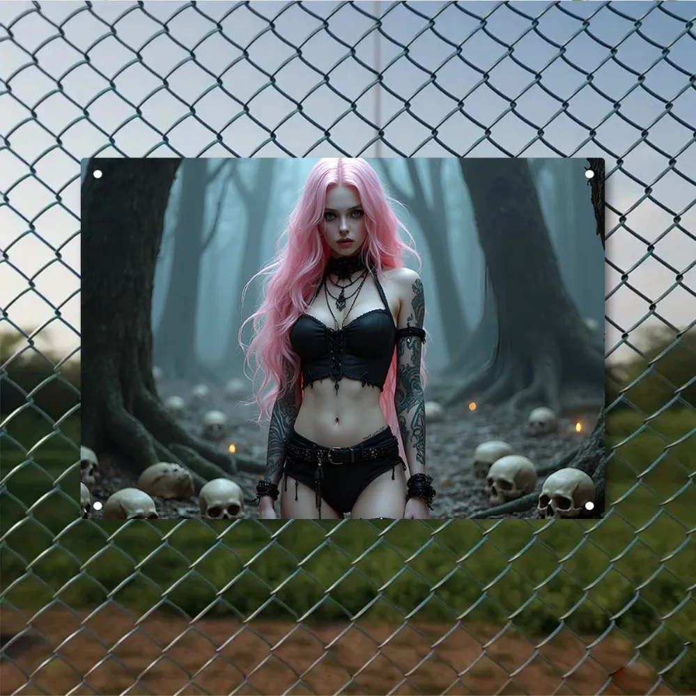 Gothic Pink-Haired Metal Wall Art Sign - Unique Aluminum Decor