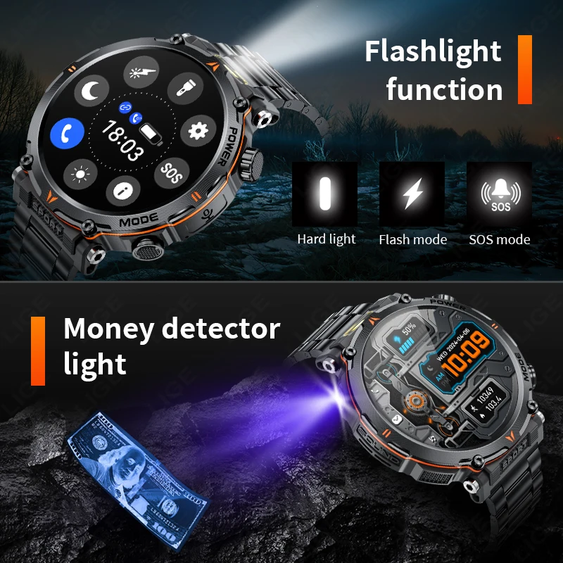 LIGE 2025 Military Smartwatch Men IP68 Bluetooth Call Outdoor Sports Fitness Track 600Mah LED Light Smartwatch For Android IOS