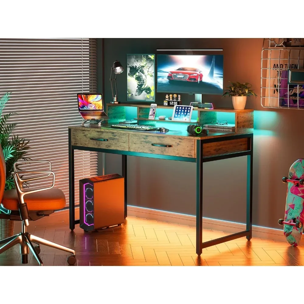 47" Home Office Desk With Monitor Shelf Gaming  Work Desk Study Desk for Bedroom Computer Table Rustic Brown Furniture 5