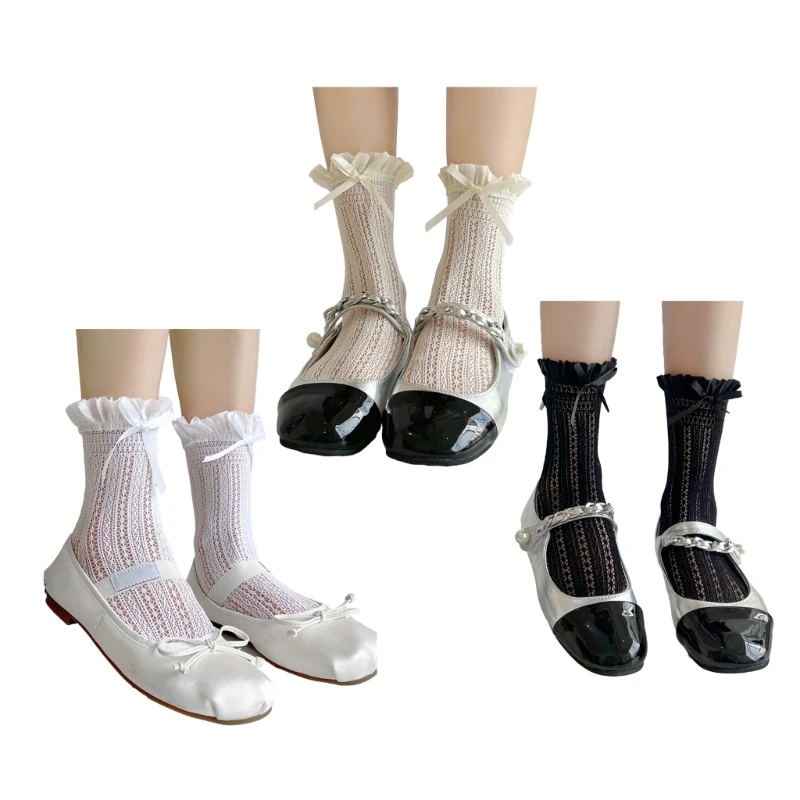 

Women Ballet Socks Ruffle Turn-Cuffs Hollow Mesh Socks Lolitas Ankle Socks T8NB