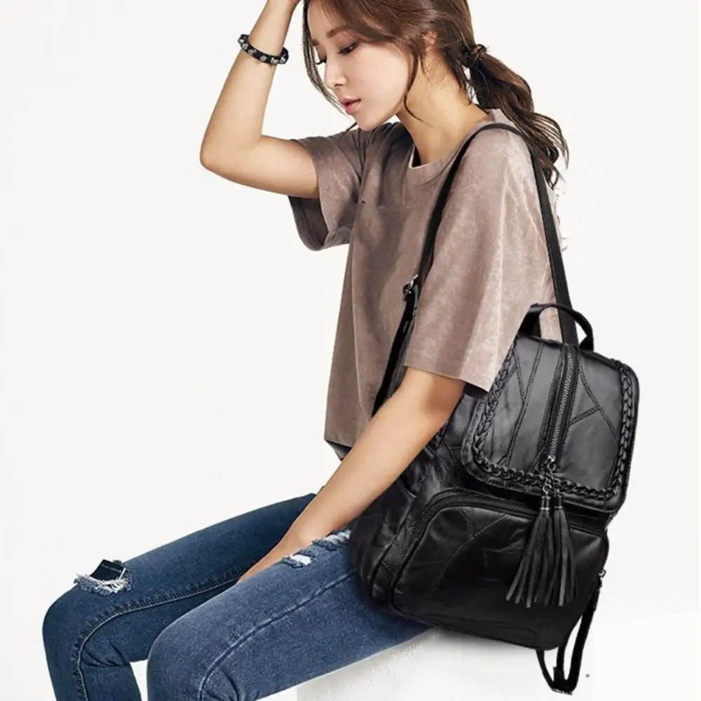 Cute Solid Color PU Leather Backpack Zipper Black Tasse Shoulder Bag Soft Handbag Students School Bag Outdoor 1