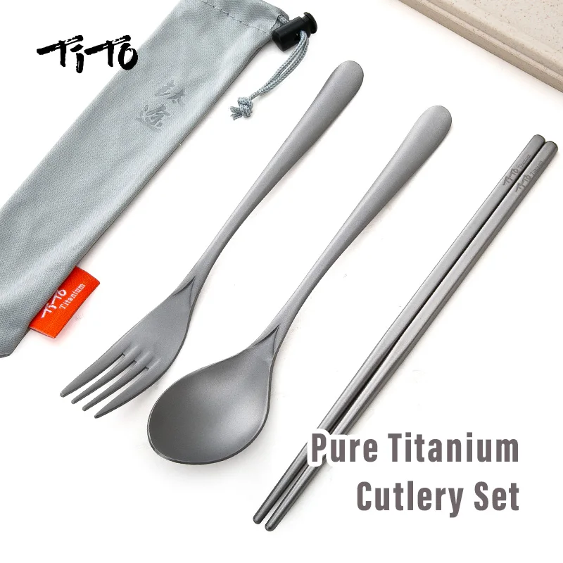 TiTo Titanium Chopsticks Spoon Fork Tableware Set Outdoor Portable Household Children's Lunch Box Camping_voghion.com