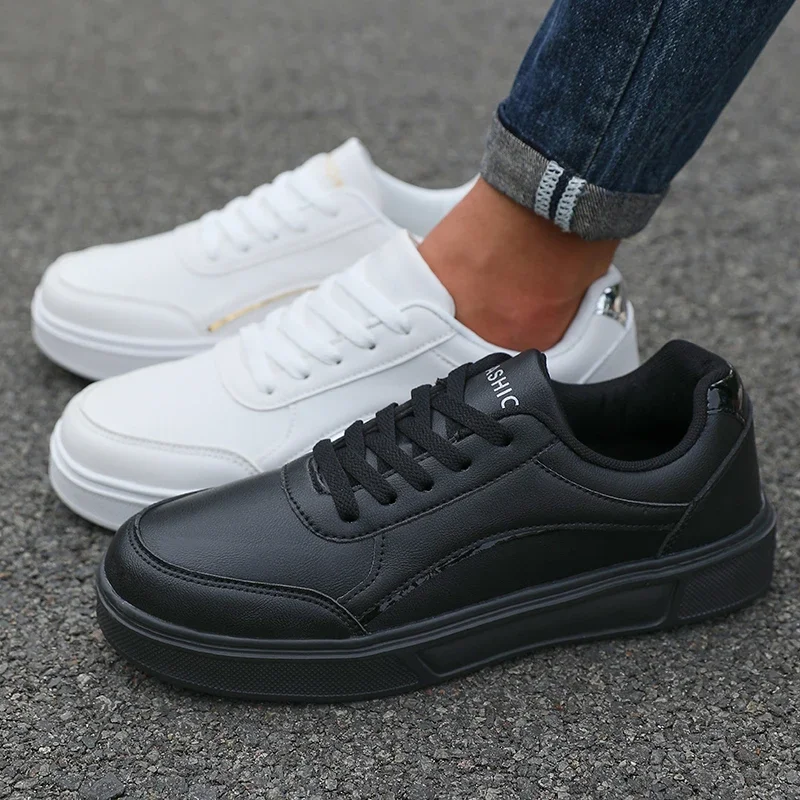 Men's All Black Synthetic Leather Sneakers Trendy Low Top Skateboard Shoes Comfortable High Quality Casual Sports Walking Shoes