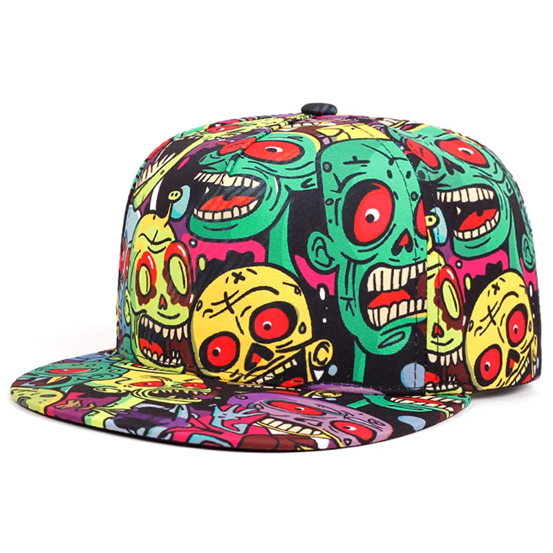 2025 Fashion New Flat brimmed Hat Printed Skeleton Street Skateboarding Hip Hop Hat Outdoor Leisure Sunshade Baseball Hat Unisex