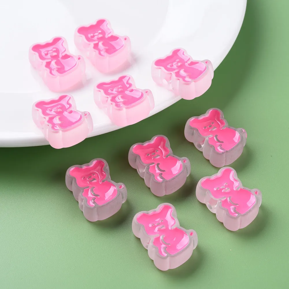 100pc Transparent Acrylic Beads with Enamel Frosted Bear Pink 26.5x20x9mm Hole: 3mm