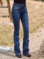 Ladies' dark blue slimming studded denim long pants, retro style, mid-rise, elastic, with star embroidery, slightly flared jeans